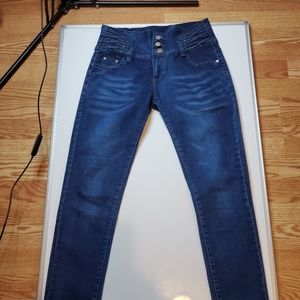 Fashion High Waisted Dark Blue Denim Jeggings.